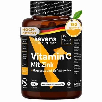 Produktbild von Vitamin C 1000 mg und Zink + Bioflavonoide und Hagebutte – 100% reine natürliche vegane Vitamin C – 180 Tabletten – Unterstützt das Immunsystem