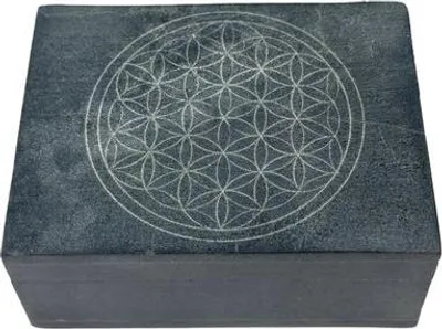 A dark gray stone box with a white geometric pattern on top.