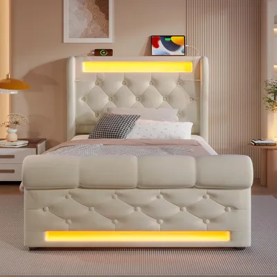 Produktbild von Flieks Hydraulisches Polsterbett 90x200cm mit USB und Typ-C, Jugendbett Einzelbett mit Led, Stauraumbett Kinderbett mit Lattenrost, Samt, Beige