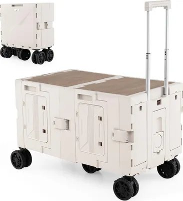 Produktbild von GOPLUS 150L Klappbarer Bollerwagen, faltbarer Nutzwagen mit Griff 82/92/102cm & Getränkehalter & Tischplatte, Rollwagen für Camping, Garten