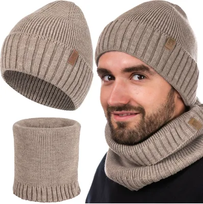 Produktbild von Beanie Herren Winter Set Mütze Schlauchschal Strickmütze Rundschal Wintermütze Übergangsmütze mit Bündchen Schal  Halswärmer 2er Braun