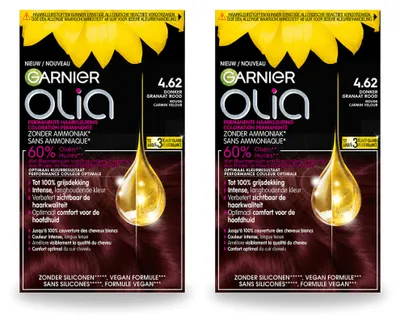 Zdjęcie produktu dla 2 opakowania farby do włosów Garnier Olia 4.62, trwała farba, ciemny granatowy odcień, bez amoniaku, zestaw ekonomiczny, 2 sztuki