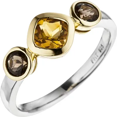 Produktbild von Gr. 60 Damen Ring 925 Silber bicolor vergoldet 1 Citrin 2 Rauchquarze Silberring