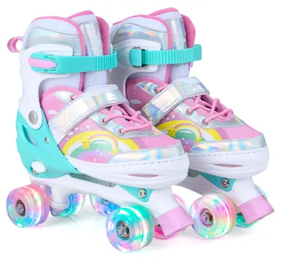 Produktbild von COSTWAY Rollschuhe Kinder Rainbow, 4 Größen verstellbar, Quad Skates mit LED Leuchtend Rädern, Kinderrollschuhe draußen, Roller Skates für Kinder 5+