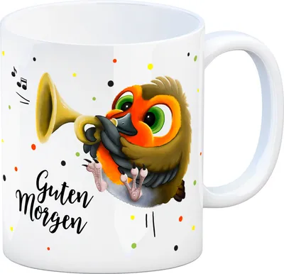 Produktbild von Kaffeebecher mit Rotkehlchen Motiv und Spruch: Guten Morgen Kaffeetasse Tasse