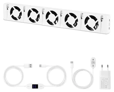 Produktbild von Vigevee Heizkörperlüfter 5 Lüfter 1er Set, einstellbarer Thermostat 0–60 °C, Temperatursensor, 47 cm, Weiß
