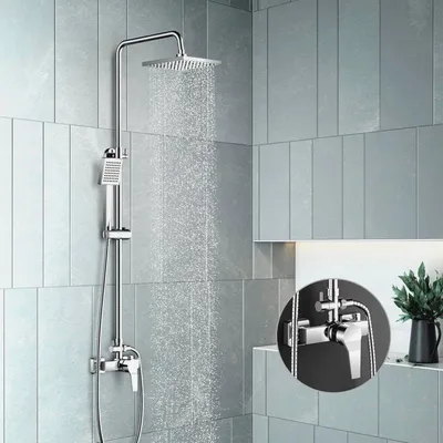 Produktbild von Duschset mit Armaturen, Duschsystem mit Einhebelmischer-Brausearmatur, verstellbarer Brausestange und quadratischem Duschkopf, Regendusche mit Armatur