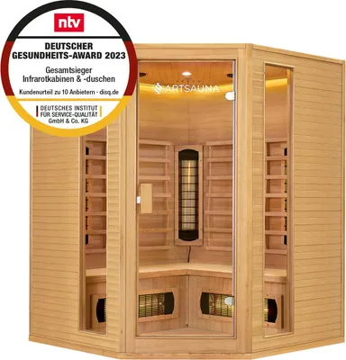Produktbild von Artsauna Eck-Infrarotkabine Nyborg E150V - Infrarotsauna 150x150 cm Vollspektrumstrahler für 4 Personen - LED-Farblicht - Wärmekabine aus Hemlockholz