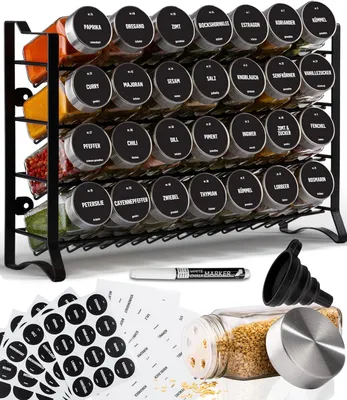 Image de Étagère à épices, 4 niveaux, 28 pots à épices, 144 étiquettes, brosse, pour l'organisation de la cuisine