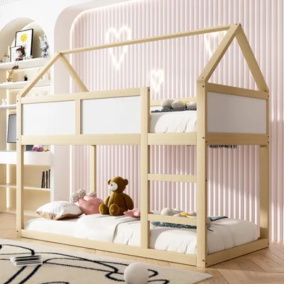 Obrázek produktu pro okwish Dětská postel 90x200 se 2 matracemi, patrová postel se schody, patrová postel s roštem, barva dřeva