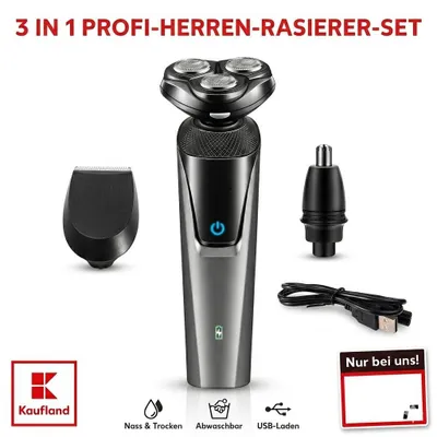Produktbild von Elektrischer Herrenrasierer 3-in-1, 4D rotierend, nass & trocken, USB wiederaufladbar, inkl. Nasen- und Barttrimmer, wasserdicht, kompakt, leise