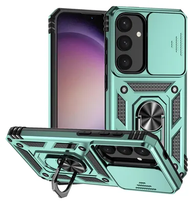 Immagine prodotto di Custodia per Samsung Galaxy S24 a doppio strato con copertura scorrevole della fotocamera e supporto ad anello verde