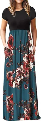 Produktbild von ASKSA Damen Kurzarm Sommer Casual Long Maxi Kleider mit Taschen (Gruen,L)