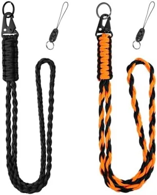 Produktbild von PolkaHome® Paracord Schlüsselband - 2 Stück Geflochtene Schlüsselanhänger mit Metallclip - Schwarz und Orange Schwarz