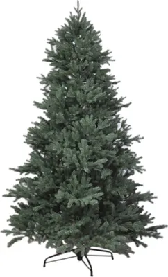 A full shot of an artificial Christmas tree on a white background.