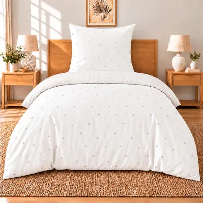Productafbeelding van Buymax beddengoedset, 135x200 cm, 2-delig: 1 dekbedovertrek 135x200 cm en 1 kussensloop 80x80 cm, 100% katoen renforcé, wit met strikpatroon en rits