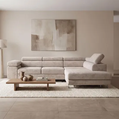 Produktbild von EZIMPAZ Ecksofa MONTANA Cord L-Form mit Schlaffunktion, Bettkasten und verstellbaren Kopfstützen, Cremig, Rechts