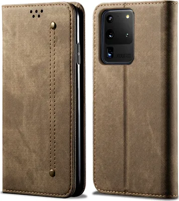 Produktbild von Galaxy S20 Ultra Hülle, LaimTop Denim Leder Brieftasche Magnetverschluss Flip Bookstyle Schutzhülle mit Standfunktion für Samsung Galaxy S20 Ultra Samsung Galaxy S20 Ultra Khaki