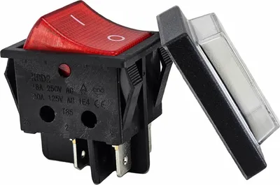 A close-up studio shot of a red rocker switch with a protective cover.