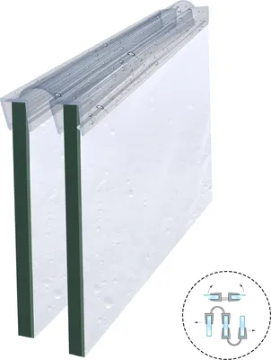 A close-up, angled view of a shower door seal, showing water droplets on the transparent plastic.