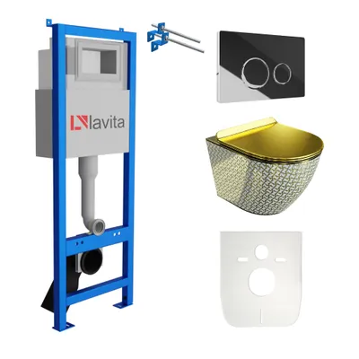 Produktbild von Lavita LAV 101 Vorwandelement für WC 40cm + Wand Hänge Tiefspül WC SOFI SLIM GOLDEN NEVER DIE Spülrandlos + Bedienplatte LAV 200.4.2 Verchromt | Komplettset | Unterputz Spülkasten | Toilette Komplett Sett