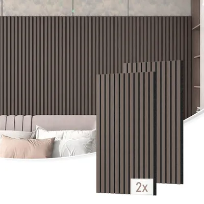 Obrázok produktu pre YARDIN Drevené akustické MDF panely, sada 2 ks, 120 x 60 cm, 1,44 m², akustické panely, zvukovoizolačné dosky, pohlcovače zvuku, obklad stien, obývačka, kancelária, domáce kino, orechová hnedá