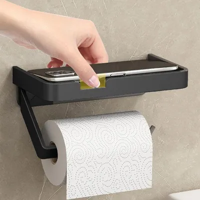 Produktbild von Wandmontierter Toilettenpapierhalter mit Ablage, praktischer und hygienischer Rollenhalter, kein Bohren erforderlich – Schwarz