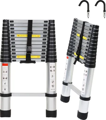 Obrázok produktu pre Bettizia teleskopický rebrík strieborný 3,8 m s hákmi Výsuvný rebrík do 150 kg Robustný hliníkový rebrík Multifunkčný rebrík Štafle