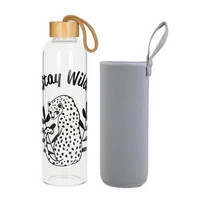 Produktbild von Glasflasche 1 Liter Bamboo Trinkflasche Borosilikatglas mit Neoprentasche