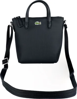 A black Lacoste handbag is shown against a white background.