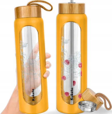 Produktbild von Kuketo | Glas Trinkflasche 1,2 L Mit Strohhalm & Sieb – Wasserflasche Gelb Für Getränke, BPA-Frei, Auslaufsicher & Stilvoll Für Alltag & Fitness