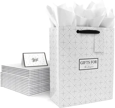 Produktbild von JiaWei Luxus Geschenktüte 6er set Papiertüte mit Henkel UV Laminiert Kraftpapier mit Seidenpapier Grußkarten und Geschenkanhänger Schwarz-Weiß L
