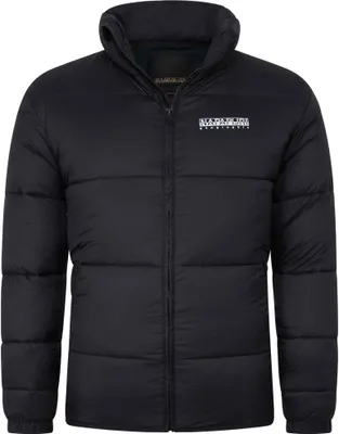 A black puffer jacket with a white logo on the chest, displayed against a white background.
