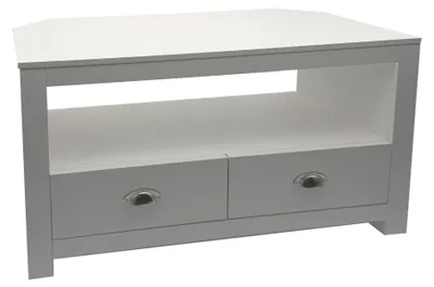 TV Lowboard Weiß 85 cm mit zwei Schubladen in Gesamtansicht von vorne mit offener weißer Ablage und grauem Unterschrank.