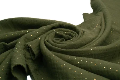 Image de Tissu en mousseline de coton à pois dorés, double gaze, kaki, 50 x 130 cm