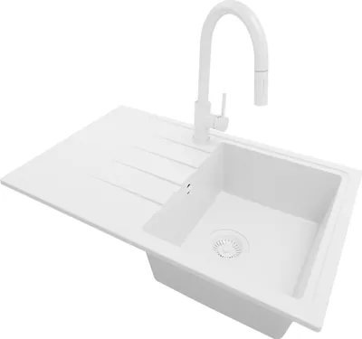 Produktbild von PRIMAGRAN Granitspüle Alles Weiß 78x50cm, Spülbecken 1 Becken + Küchenarmatur 40x20cm + Ablauf-Set, Küchenspüle ab 45er Unterschrank - Mailand