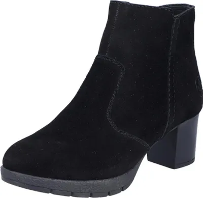 A black suede ankle boot with a block heel is shown against a white background.