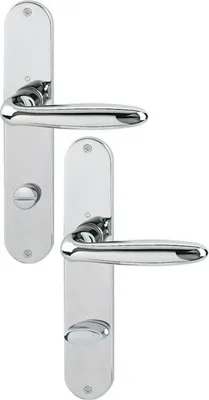 Two chrome door handles with backplates are shown against a white background.