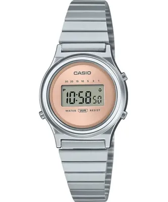 A close-up, front-facing studio shot of a Casio digital watch with a silver metal band and a pink face.