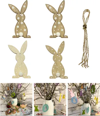 Produktbild von Oblique Unique Holz Hasen Anhänger 4er Set zum Aufhängen Hängedeko für Osterstrauß Deko aus Echtholz für Ostern zum Basteln