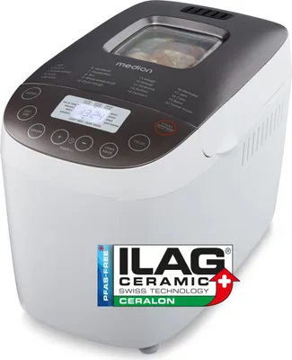 Produktbild von MEDION Brotbackautomat (Brotbackmaschine, 950 Watt, bis zu 1600g, 20 Backprogramme, 3 Bräunungsgrade, Warmhaltefunktion, Sichtfenster, Zeitvorwahl, MD 12040)