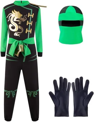 A children's ninja costume laid out flat against a white background, including a full jumpsuit, a mask, and gloves.