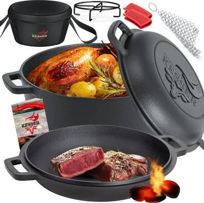 Produktbild von KESSER® Dutch Oven 2in1 Gusseisen Topf 4,8L und Pfanne 1,8L einsatzfertig eingebrannt Inkl. Kochbuch Schmortopf Doppelfunktion Deckel/Bratpfanne für Küche Camping Garten BBQ Backen Gasgrill