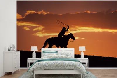 Produktbild von Wandbild - Pferde Fotowandbild Cowboy - Orange - Breite 600 cm x Höhe 400 cm