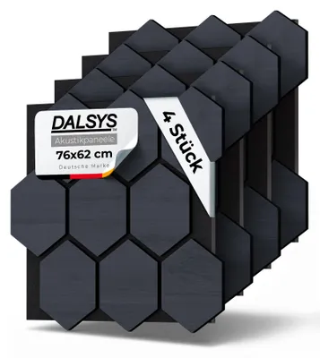 Produktbild von Dalsys 4x Akustikpaneele Holz 76x62cm mit Hexagon-Muster Eiche Schwarz - Wandpaneele Holz für Schallschutz in Büro- & Wohnräumen - Akustik Paneele Wand - 3D Wandverkleidung innen - Holzpaneele Wand