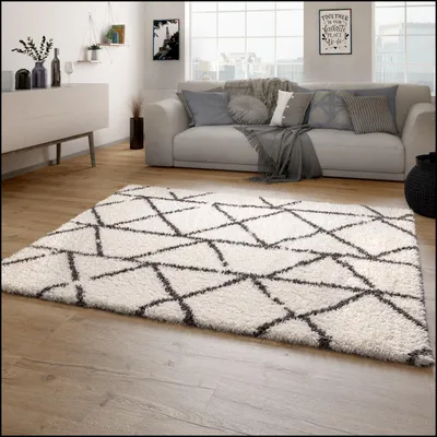 Produktbild von Hochflor Teppich Wohnzimmer Shaggy Langflor Skandinavisches Rauten Muster Modern Grösse 60x90 cm
