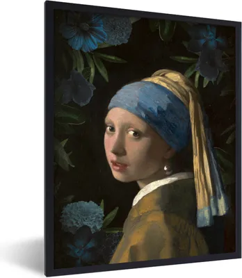 Produktbild von MuchoWow® Gerahmtes Poster Mädchen mit Perlenohrring - Vermeer - Blumen - Blau 60x80 cm - Poster mit Schwarzem Bilderrahmen Wandposter Rahmen Foto Bilder - Premium - Wanddeko Wohnzimmer