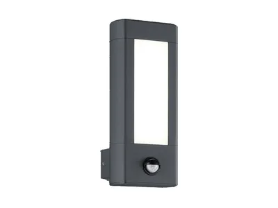 A dark gray outdoor LED wall light with a motion sensor is shown against a white background.