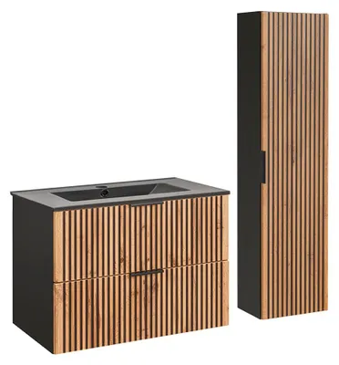 Produktbild von Waschtisch und Hängesäule 80.4cm Gaia mit 2 Schubladen, Eichenoptik und Schwarz