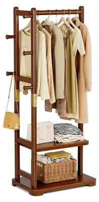 Produktbild von Garderobenständer aus Massivholz, freistehend, mit 2 Ablagen und 4 Haken, Garderobenbaum für Eingangsbereich, Flur, Schlafzimmer, Wohnzimmer, Büro – Kleiderständer für Mäntel und Hüte
